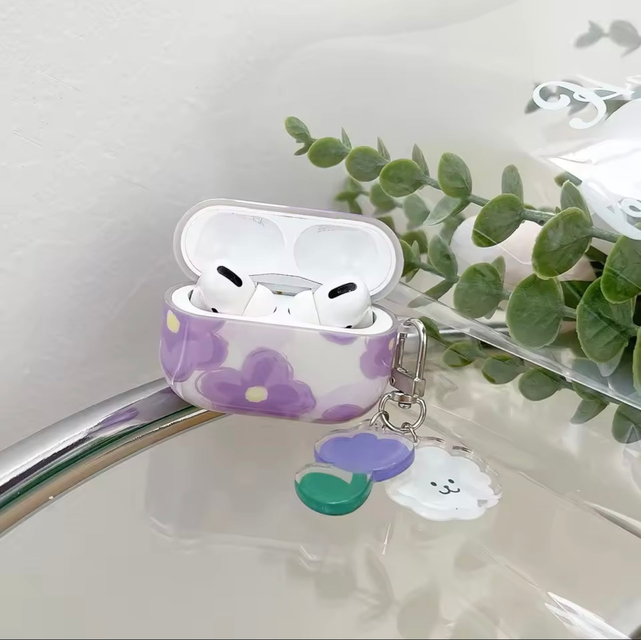 Purple Flower Airpods with Keychain.