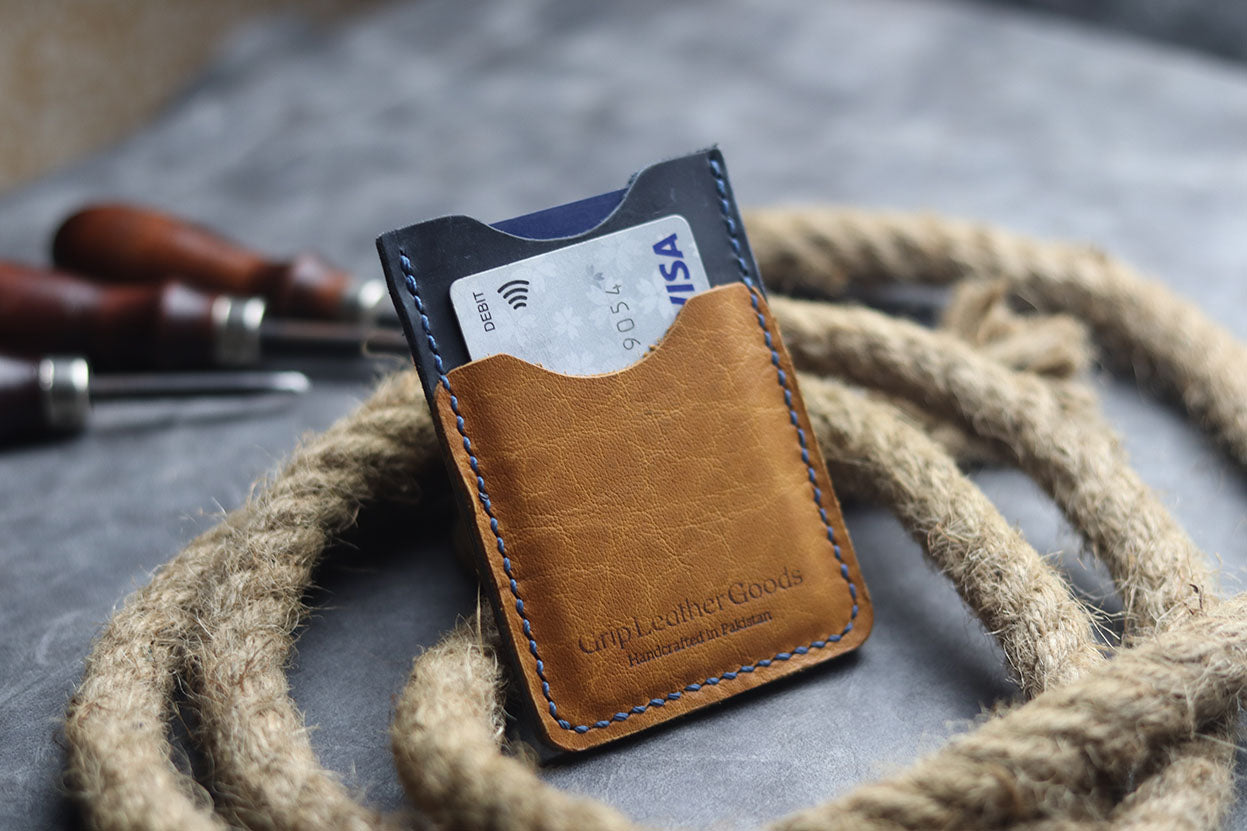 MW-02 VERTICAL CARD HOLDER- NAVY BLUE AND MUSTARD - grip