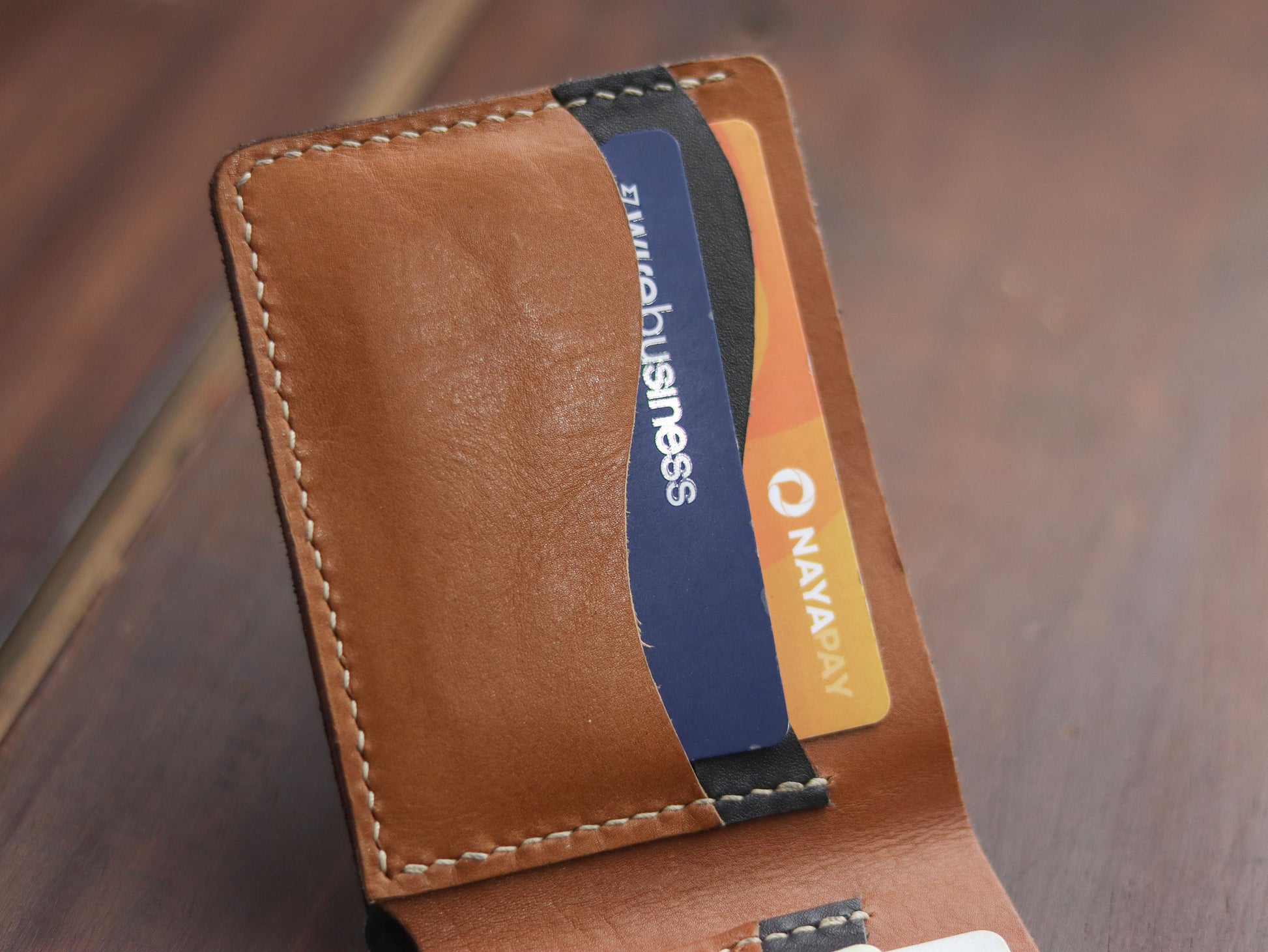 "WAVER" LEATHER BI-FOLD WALLET - TAN BROWN & BLACK - grip