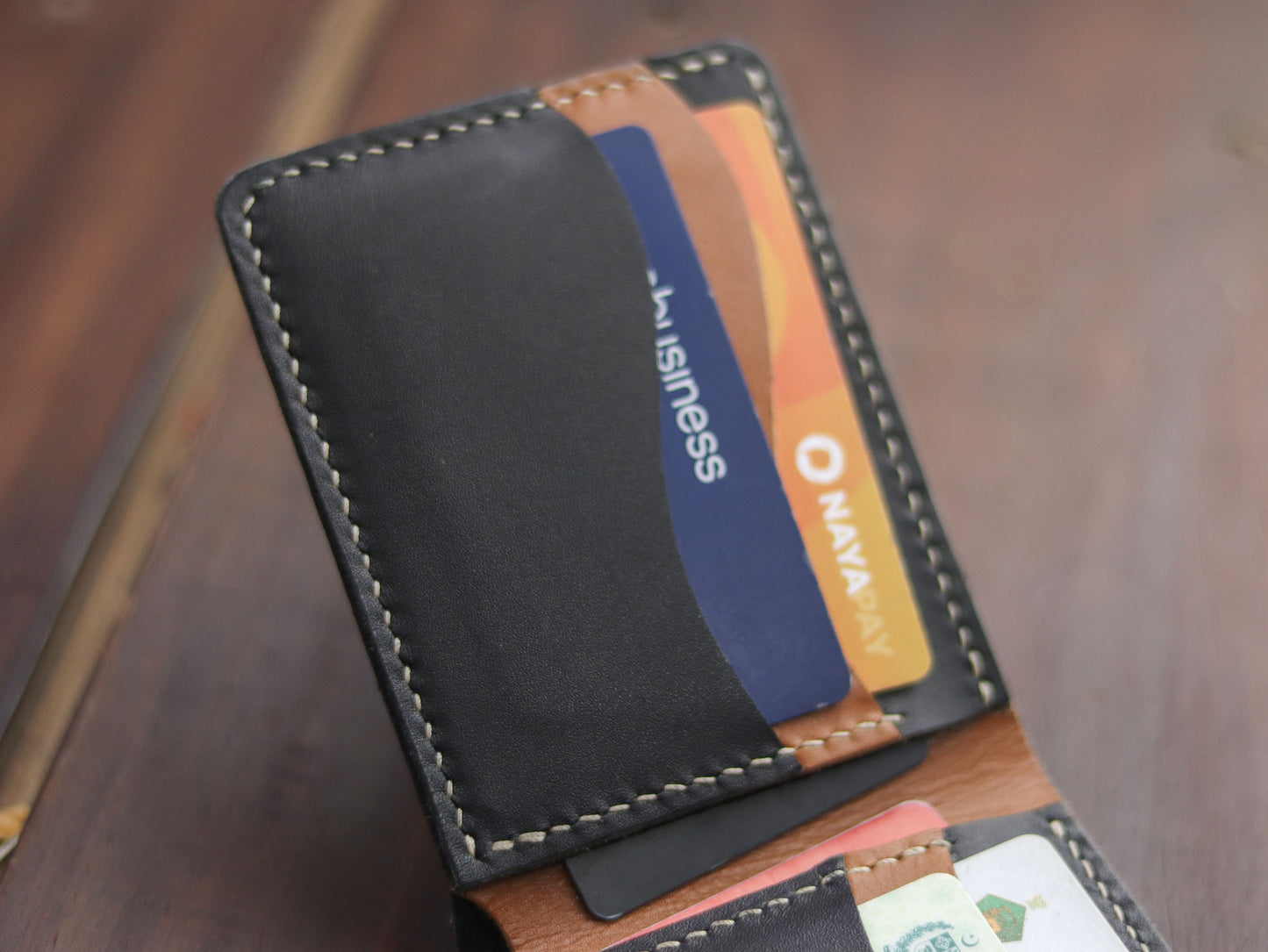 "WAVER" LEATHER BI-FOLD WALLET - TAN BROWN & BLACK - grip