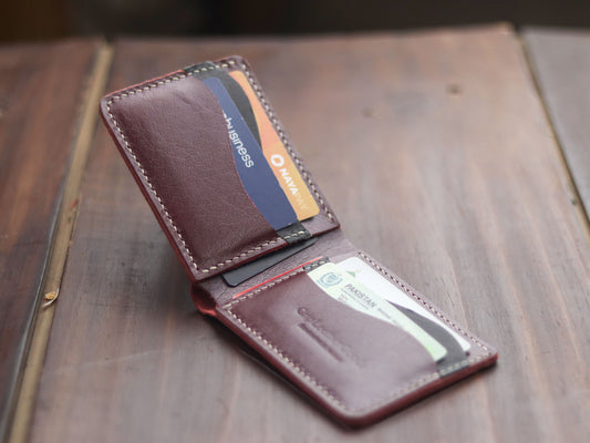 "WAVER" LEATHER BI-FOLD WALLET - MERLOT BURGUNDY - grip