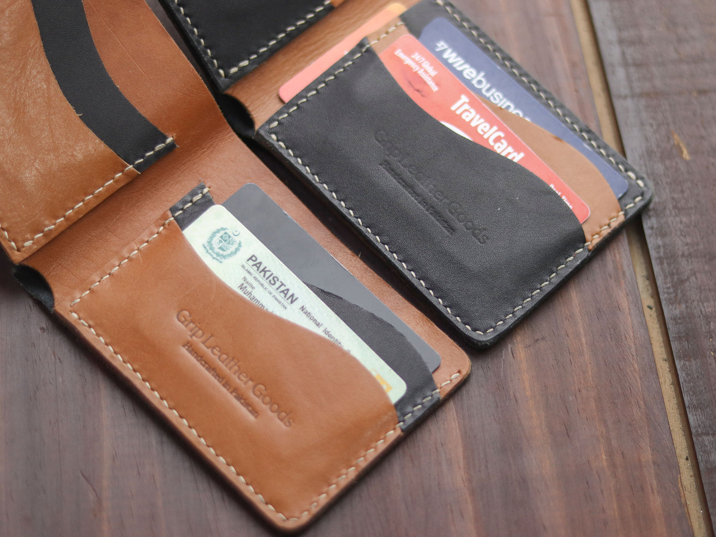 "WAVER" LEATHER BI-FOLD WALLET - TAN BROWN & BLACK - grip