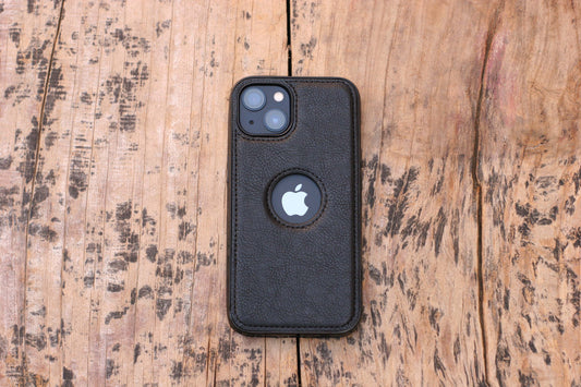 BLACK LEATHER PHONE CASE WITH APPLE LOGO - grip